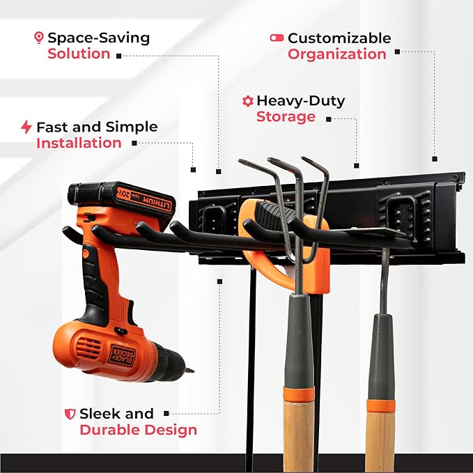 Garage Wall Organizer | 51" Heavy-Duty Tool Storage Rack | Adjustable Double-Layer Hooks | 320 lbs Capacity | Carbon Steel Wall Mount Holder for Shovels, Rakes, Ladders & Power Tools