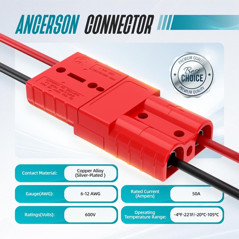 Hilictokt Anderson Connector 50A, 6AWG - 12AWG Battery Quick Connect 12V-36V Anderson Plug Winch Wiring Kit for Winch, RV, Truck & Marine Applications (2-Pack) -Red