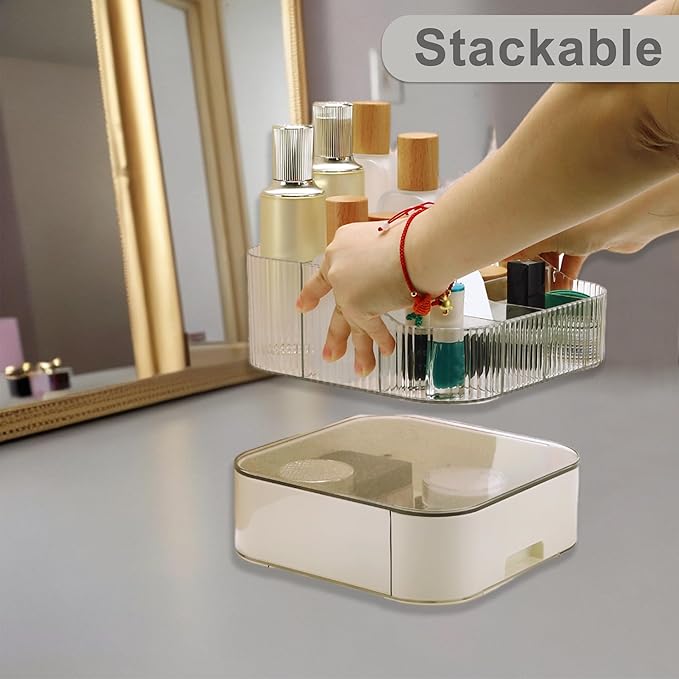 VOCOSTE 1 Set Makeup Organizer with Stackable Drawer, 7 Grids Makeup Organizer for Countertop Vanity, Skincare Organizers Cosmetic Display Cases, Clear White