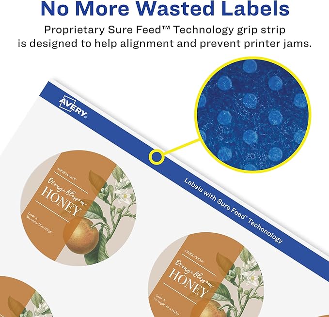 Avery Glossy White Round Labels, Sure Feed Technology, 2.75" Diameter, 60 Glossy White Labels, Print-to-The-Edge, Permanent Adhesive, Laser/Inkjet Printable