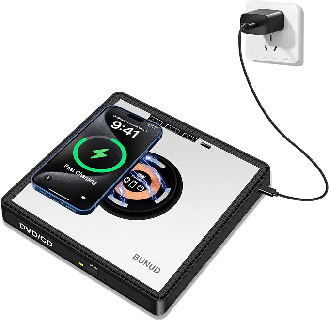 BUNUD External DVD Drive with Wireless-Charger: USB CD Burner &amp 15W Fast Charging for iPhone 17 16 15 14 13 12 Series - External DVD Player for Laptop Mac Apple Windows with SD/TF/3 USB Ports