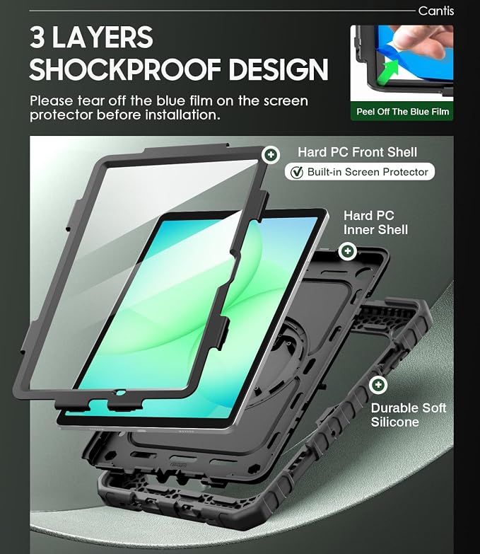 Cantis Case for Samsung Galaxy Tab A11 Plus 11'' 2026 (SM-X230/X236/X238) | Shockproof Case for Tab A11+ with Screen Protector/Rotating Stand/Pen Holder/Shoulder Strap Black