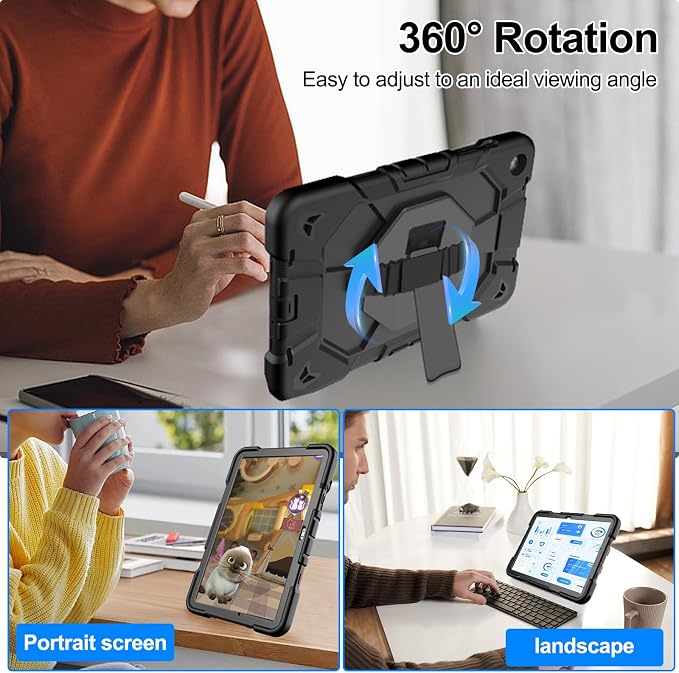 Heavy Duty Shockproof Case for Samsung Galaxy Tab A9+ Plus 11 2023 (SM-X210/X216/X218) [Dual Front Frame] with/No Screen Protector 360 Rotating Stand Hand &amp Shoulder Strap (Black/Black)