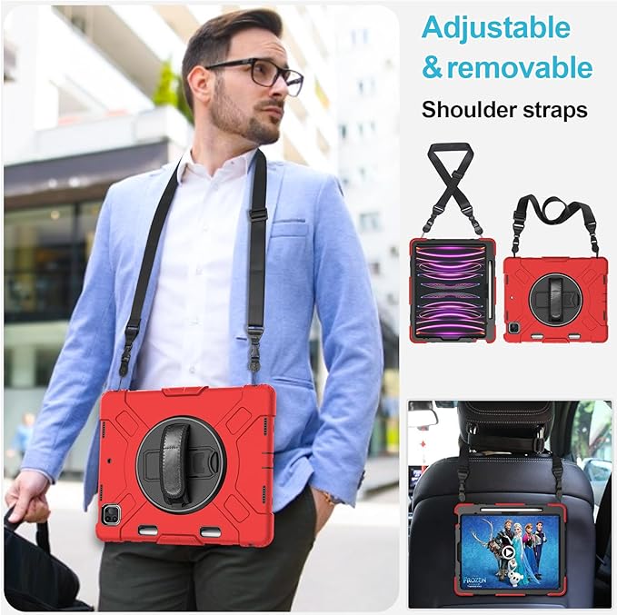 Case for iPad Pro 12.9 2022/2021/ 2020/2018: Cover for iPad Pro 12.9 6th/ 5th/ 4th/ 3rd Generation with Screen Protector- Stand- Pencil Holder- Handle- Shoulder Strap Red