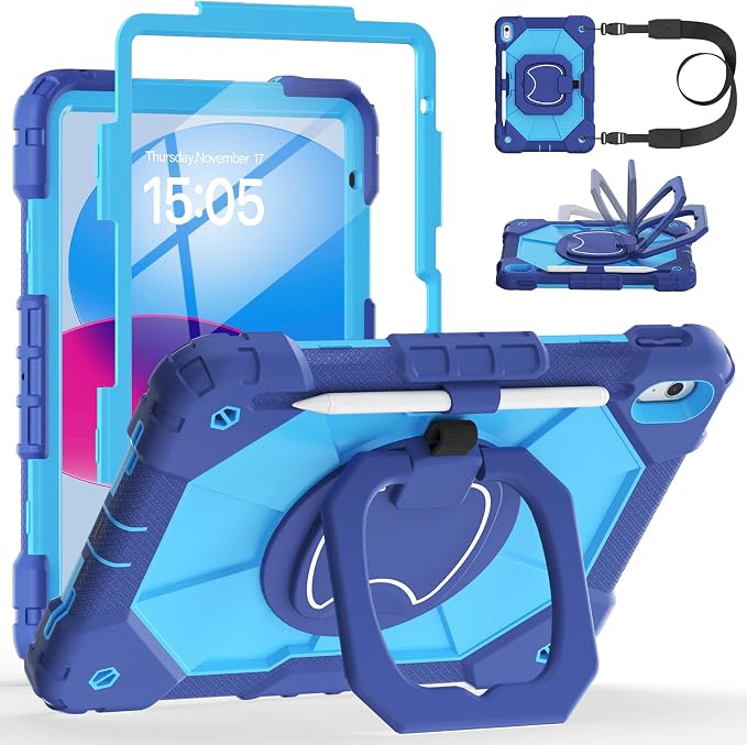 Case for iPad A16 11th/10th Generation 11/10.9 Inch 2025/2022 Dinines Full-Body Drop Protection Shockproof iPad a16 Case with Screen Protector 360° Rotating Stand Shoulder Strap Pencil Holder Black