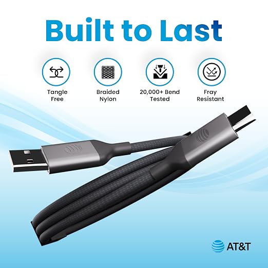 AT&ampT USB-A to USB-C Cable 6ft Braided Nylon – 60W Fast Charging USB-IF Certified 480Mbps Data Transfer – Compatible with iPhone 15/16 Galaxy Pixel Tablets &amp More – Black