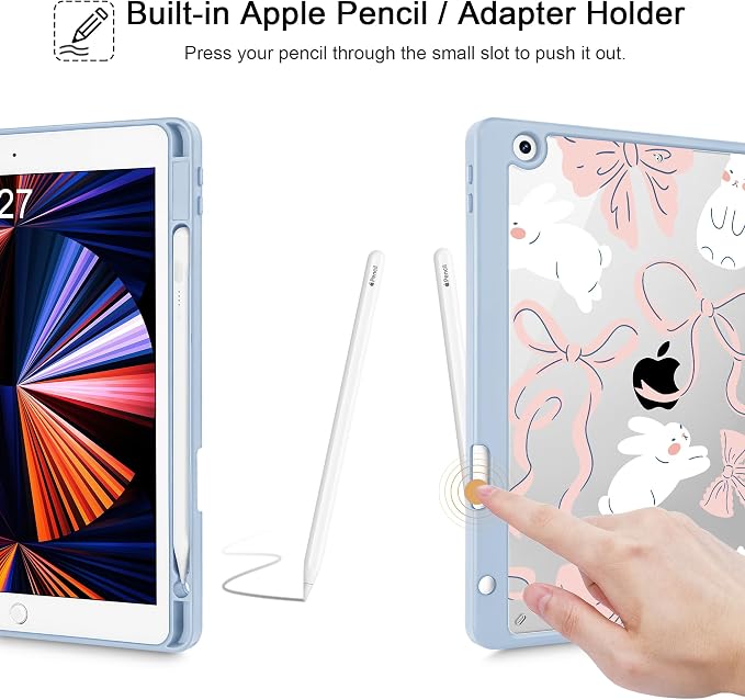 Case for iPad 9th/8th/7th Generation 10.2-Inch (2021/2020/2019 Release) with [Built-in Pencil Holder] Shockproof Cover with Clear Transparent Back Shell &amp Auto Wake/Sleep - Blue Bows