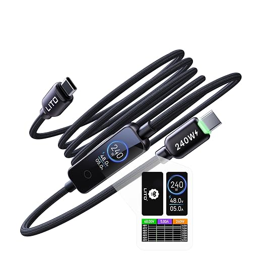 LITO 240W USB C to USB C Cable with TFT Touch Screen PD 3.1 EPR Braided Fast Charging Cord for Power Monitoring Compatible with iPhone 17/16/15 MacBook Laptop Galaxy Pixel Steam Deck 4FT