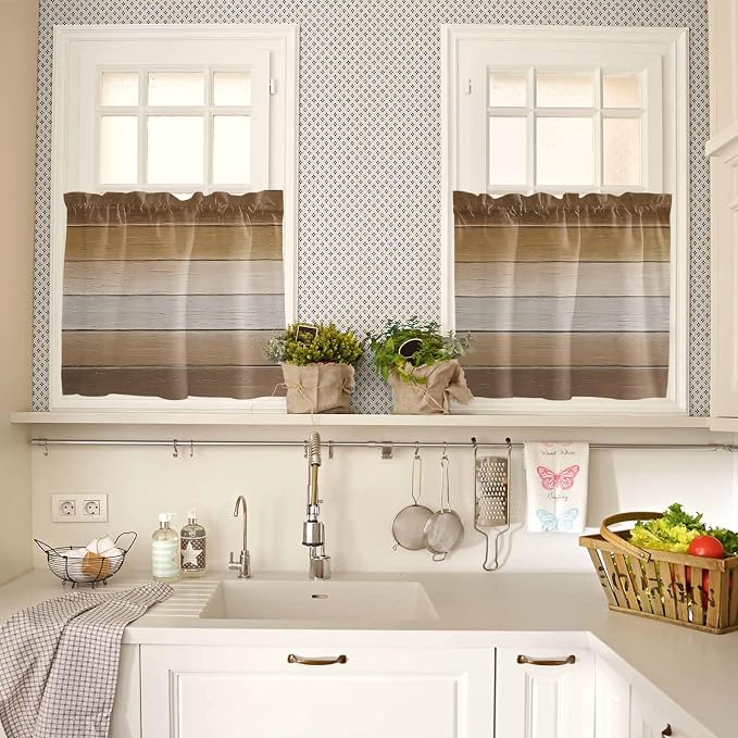 Vintage Brown Gradient Wood Grain Window Valance Curtains, Farmhouse Wood Barn