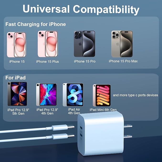Charger for Phone 17/16/15 Pro Max, 20W Dual Port USB C Fast Charger Block with 10FT Long USB C to C Fast Charging Cord Cable for iPhone 17 16 15 Pro Max/17 16 15 Pro/16 15/16 15 Plus