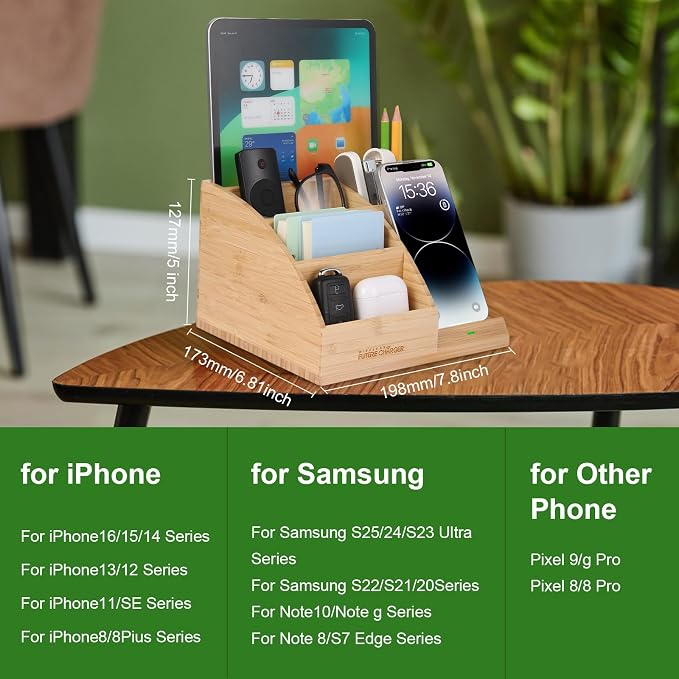 Bamboo Pen Holder for Desk &amp Nightstand Organizer with Fast Wireless Charging for iPhone Samsung &amp More – Office Desk Accessories for Men/Women (Bamboo)