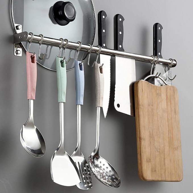 ASkinds Utensil Hanging Rack Stainless Steel Rail Hanger Rod Wall Mounted Pot Pan Lid Holder Cookware Storage Organizer with Sliding Hooks for Kitchen Bathroom