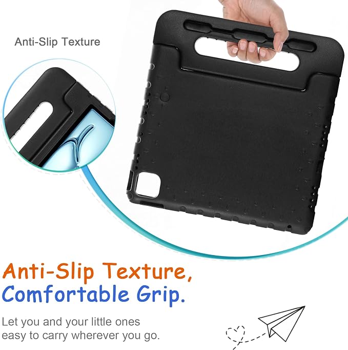 Kids Case for iPad Pro 11 M5/M4 &amp iPad Air 11 (2026/2025/2024) Shockproof Case with Pencil Holder Techcircle Light EVA Foam Handle Stand Bumper Protective Child Friendly Drop Proof Cover Black