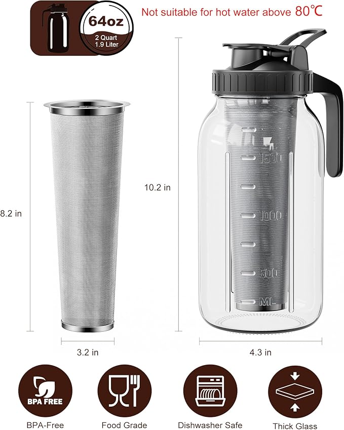 VA1KENE 64 oz Cold Brew Coffee Maker, Mason Jar Pitcher with 304 SS Filter