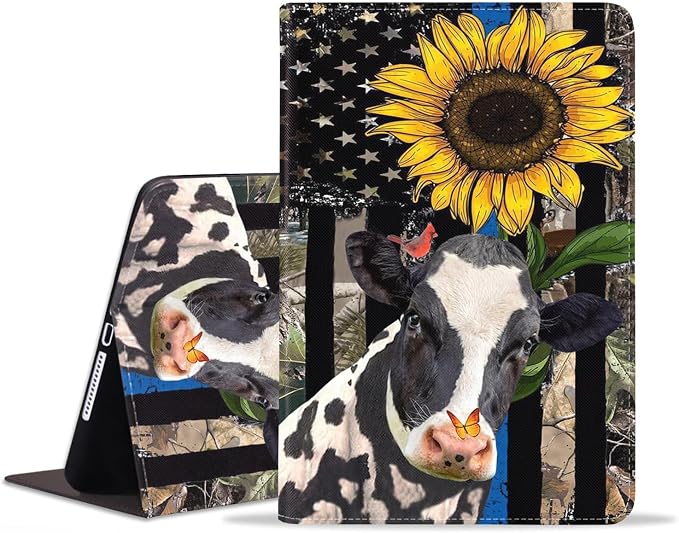 Case for iPad (A16) 11th Generation 11 Inch 2025 iPad 10th Generation 10.9 Inch 2022 Premium PU Leather Stand Folio Cover with Auto Sleep/Wake American Flag Sunflower and Cow