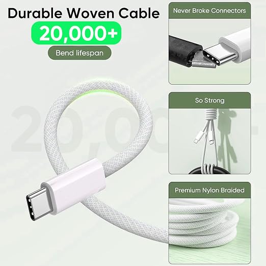 USB C to USB C 240W USB C Cable 2-Pack 10ft C to C Cable Fast Charging for MacBook Pro/MacBook Air iPad Pro/iPad Air iPhone 16 15 Pro Max Plus Samsung GalaxyCompatible 140W/100W/65W/45W/35W/20W