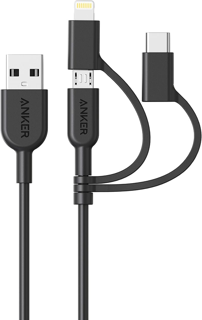 Anker Powerline II 3-in-1 Cable Lightning/Type C/Micro USB Cable for iPhone iPad Huawei HTC LG Samsung Galaxy Sony Xperia Android Smartphones iPad Pro 2018 and More(3ft Black) | 3-in-1 Cable