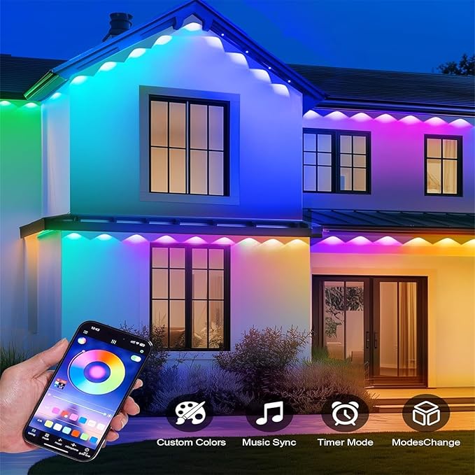 Permanent Outdoor Lights,50ft RGB + IC Smart LED Eaves Lights with App & Remote Control, IP67 Waterproof,for Christmas and All Holiday Decor,Daily and Accent Lighting,House Roof and Garden Lighting