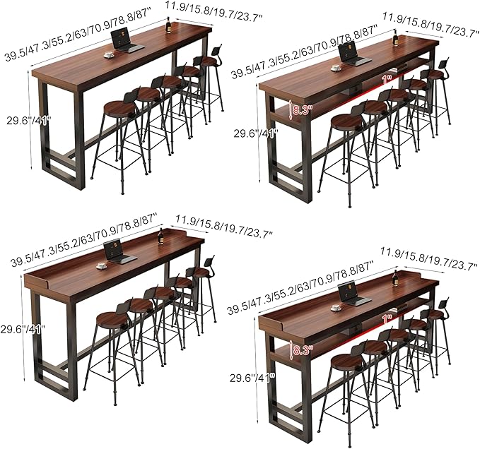 Solid Wood Rectangular Bar Table - Metal Frame Long Sofa Table for Kitchen, Dining Room, Coffee Shop & Home Bar No Chairs Dark Walnut(Single-Layer+Guard) 39.5×11.9×41"