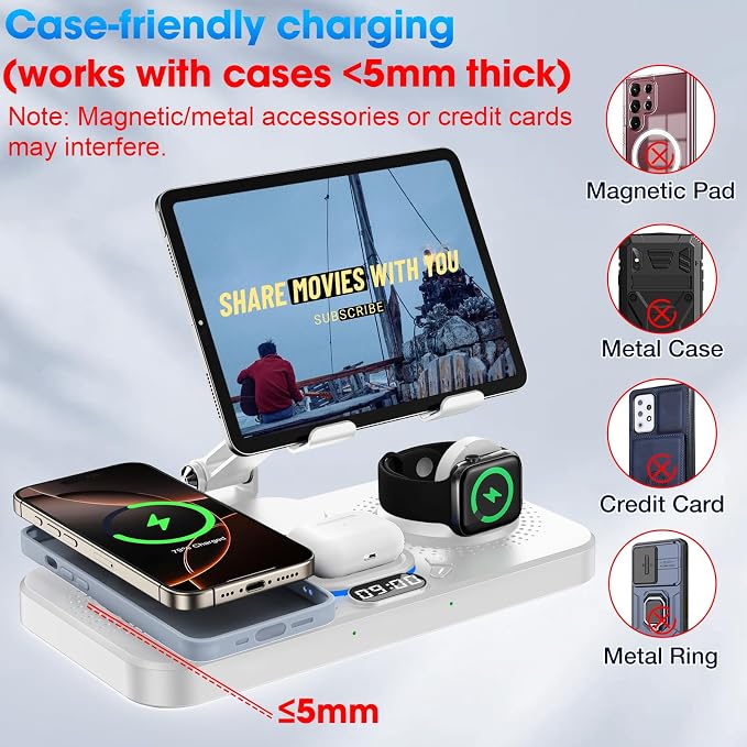 6 in 1 Wireless Charger for Apple Device 30W Foldable Wired Charging for ipad with Clock &amp 7 Color Ambient Light Nightstand Charger Station for iPhone 17