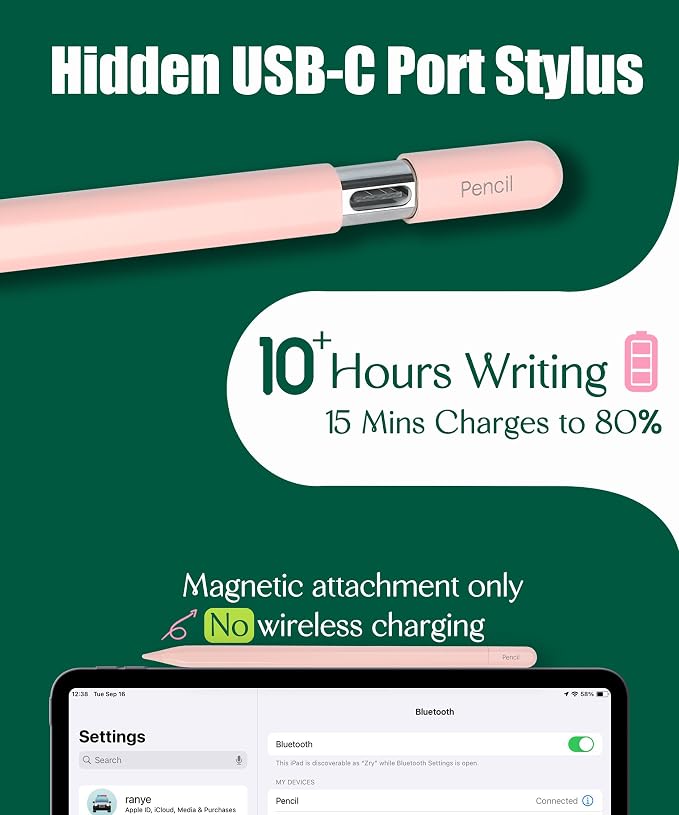 Pencil USB-C for Apple iPad 2018-2026: Slide-Switch Hidden-Port Stylus with Tilt Sensitivity &amp Palm Rejection Pen for iPad 6-11th Mini 5-7th Air 3-5th/M2/M3 Pro 11/12.9/13(M4/M5) Black