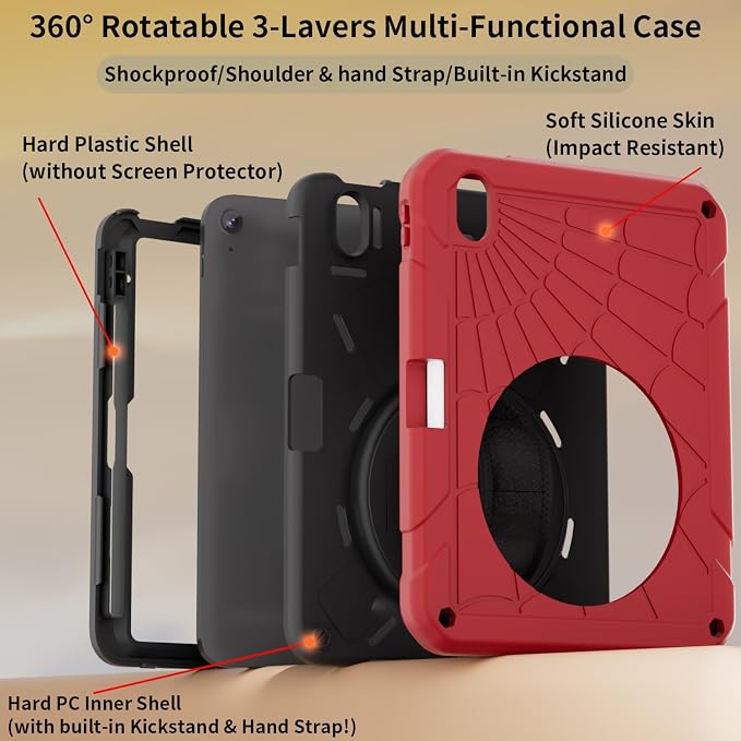 for iPad (A16) 11th/10th Generation Case 2025/2022 (11″/10.9″) Sturdy Heavy Duty Full-Body Shockproof Protective Case Rotating Stand Hand/Shoulder Strap (Black)