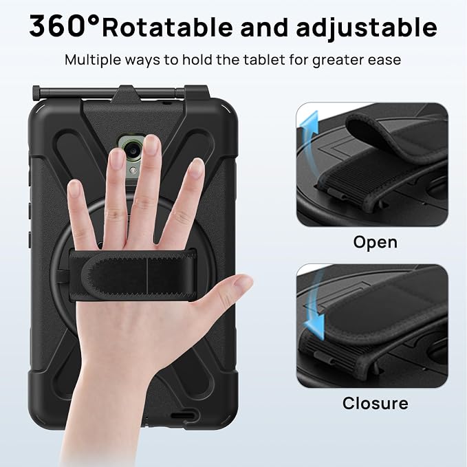 Gerutek Case for Samsung Galaxy Tab Active 5 2024/Active 3 2021 8 Black | Heavy Duty Shockproof Drop Protection Case with Screen Protector 360° Rotating Stand Handle/Shoulder Strap Pencil Holder