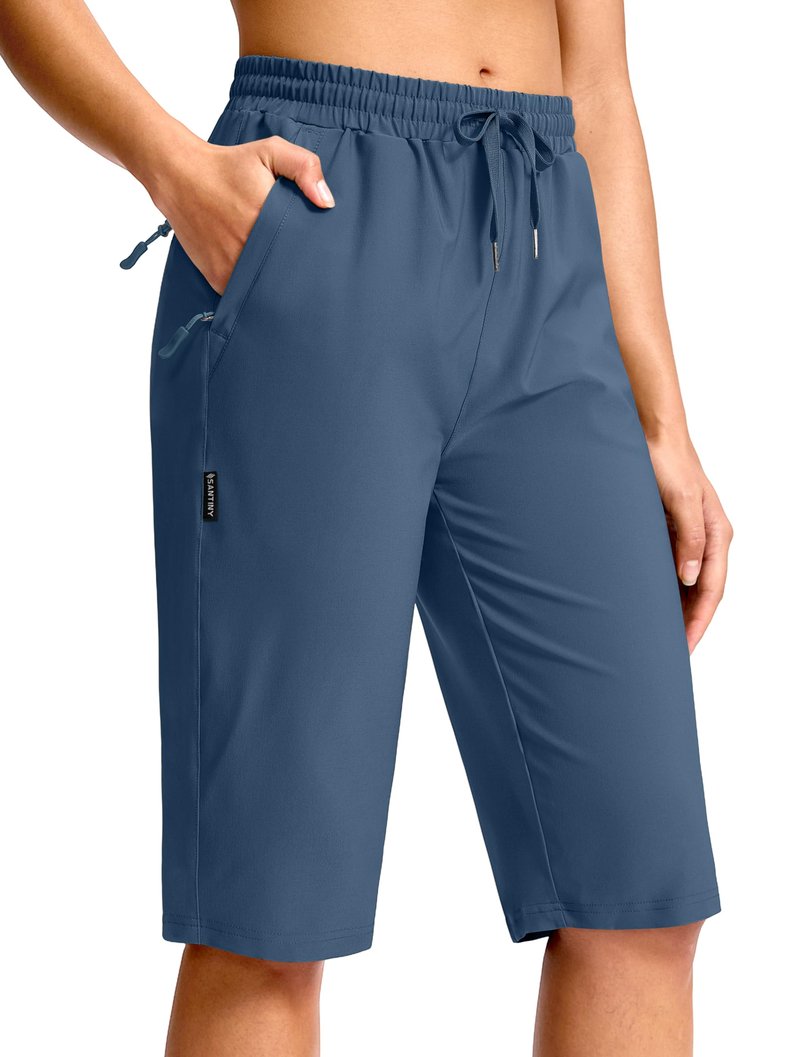SANTINY Women's 13" Long Hiking Shorts with 3 Zipper Pockets Quick Dry Lightweight Bermuda Knee Length Shorts for Women(Dusty Blue_L)