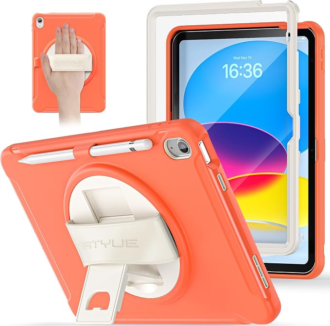 BATYUE Shockproof Case for iPad 10th / 11th (A16) Gen 11 inch CoralOrange | 3in1 PC+TPU Heavy Duty Leather Hand Strap Adjustable Stand Screen Protector Pencil Holder Easy Clean Personal/Busine