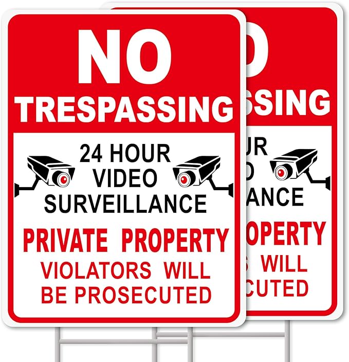 GXGGUS NO Trespassing Signs Private Property Video Surveillance Sign, Large 2-Pack 13"x10" Double-Sided Signs, H-Stake Metal Stakes, Outdoor Yard Sign for Home and Front Door Land, and Garden, Lawn