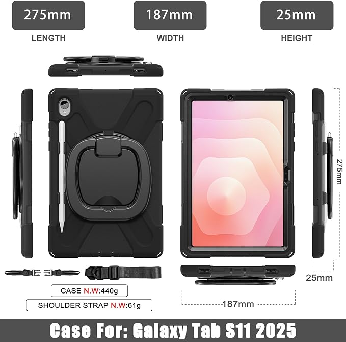 Batianda Heavy Duty Case for Samsung Galaxy Tab S11 2025 11 Inch with 360° Rotating Ring Stand &amp Shoulder Strap Built-in S Pen Holder Shockproof Rugged Multi-Layer Protective Cover Black