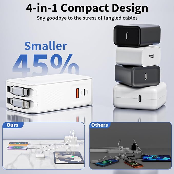 Retractable iPhone Charger45W 4 in 1 Retractable Phone Charger Wall Plug with USB C and Lightning Cable Fast Charging Block with Dual Port(USB C+USB A) for iPhone 17/Air/16/15/14/13iPadGalaxy S26