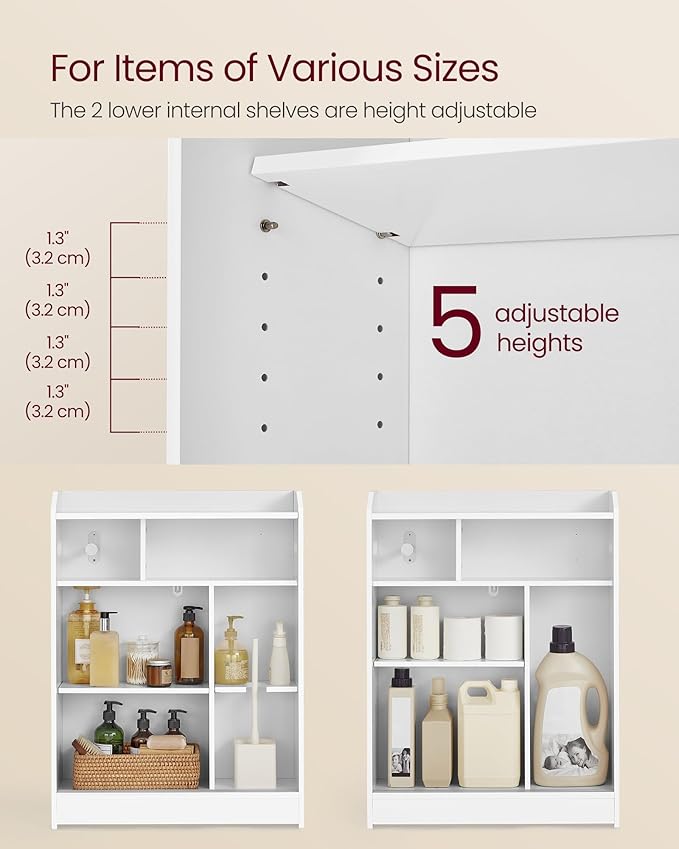VASAGLE Narrow Storage Cabinet, Slim Floor Cabinet with Sliding Doors, Toilet Paper Holder and Brush Compartment, for Bathroom and Living Room, 7.9 x 23.6 x 31.5 Inches, Cloud White UBBC752W01