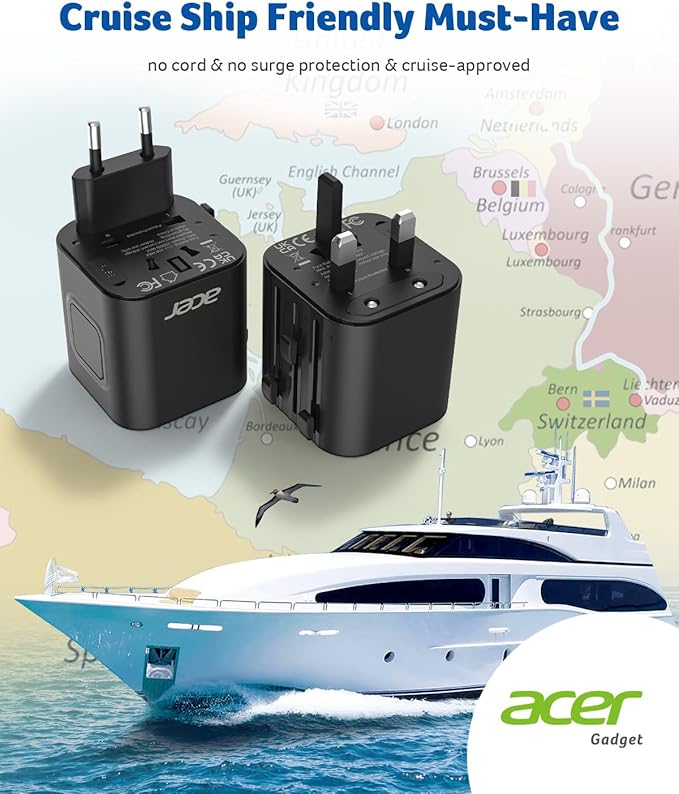 Acer European Travel Plug Adapter，Universal Travel Adapter, International Power Adapter for USA to Europe UK France Germany Spain Ireland Australia (Type C/G/A/I),Black