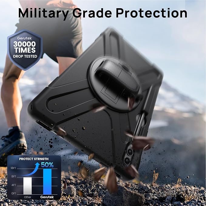 Gerutek Case for Samsung Galaxy Tab S10 FE+/ S10 FE Plus 2025 13.1 Inch Full-Body Drop Protective Case with Screen Protector Pen Holder 360° Rotate Hand Strap &amp StandShoulder Strap Black