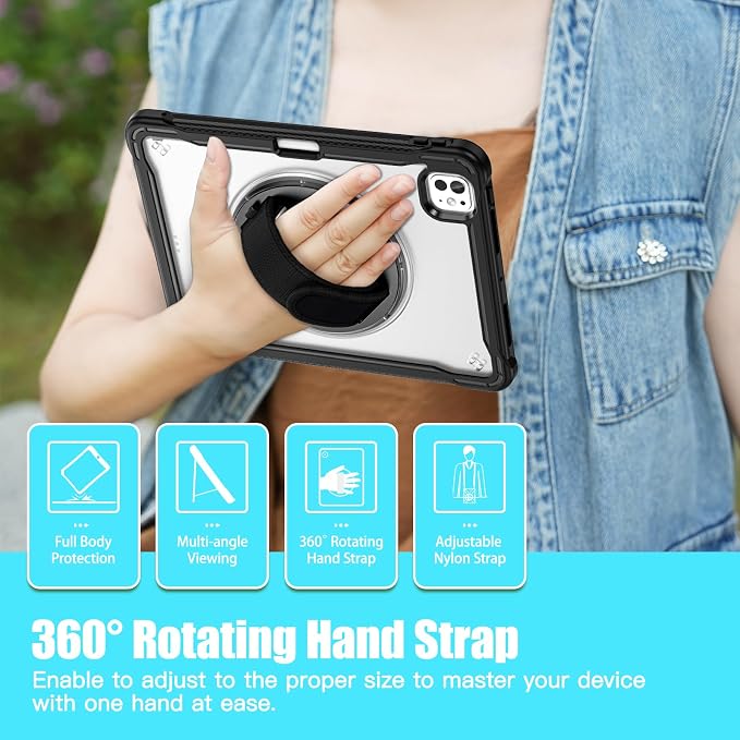 ZenRich Clear Case for iPad Pro 11-inch M5 2025 / M4 2024 LightBlue | Screen Protector Pencil Holder 360°Rotating Kickstand Carrying Strap Shockproof Protective Rugged