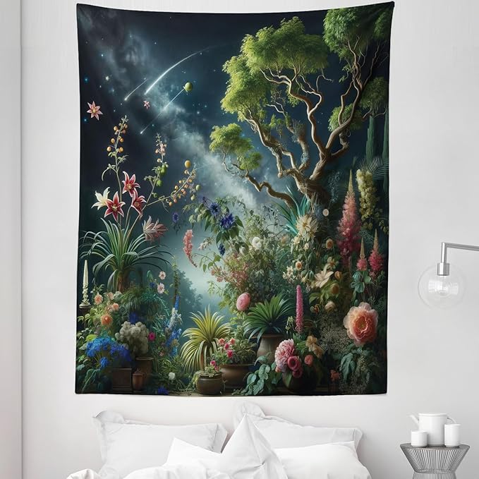 Ambesonne Aesthetic Tapestry Twin Size, Exotic Forest of Twilight with Trees Bushes and Flowers Falling Stars, Wall Hanging Bedspread Bed Cover Wall Decor, 68" X 88", Green Dark Night Blue