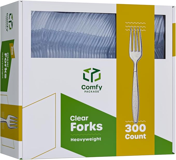 GUSTO Heavy Duty Disposable Clear Plastic Forks [300 Count] Engraved Design