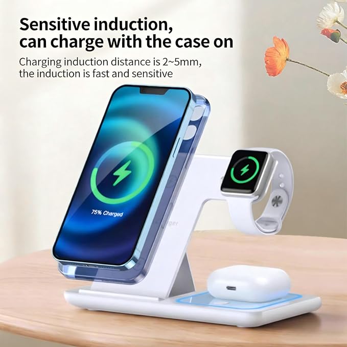 Foldable 3-in-1 Wireless Charging Station Magnetic Fast Charger Stand Dock Compatible with iWatch Series AirPods Pro and iPhone 17/16/15/14/13/12/11 Series USB Powered (Black)