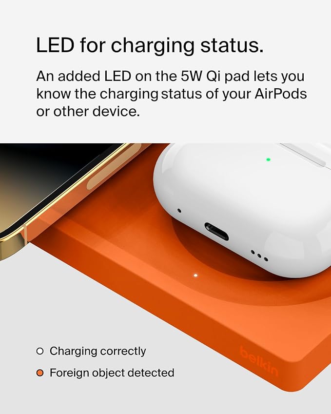 Belkin 2-in-1 Wireless Charging Pad with MagSafe 15W, Fast Charging iPhone Charger - Wireless Charging Station for iPhone 17, 16, 15, and 14 Series, AirPods, and Other MagSafe Enabled Devices - Orange