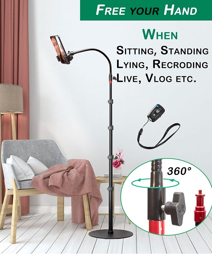 Tall Video Cell Phone Mount with Height Adjustable Stand Heavy Base 360 Head - Compatible with iPhone 16 16 Pro Max 16 Plus 15 14 13