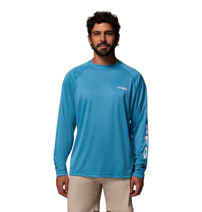 Columbia Men's PFG Terminal Tackle Long Sleeve Fishing Shirt, Blue Echo Heather/White Logo, 6X