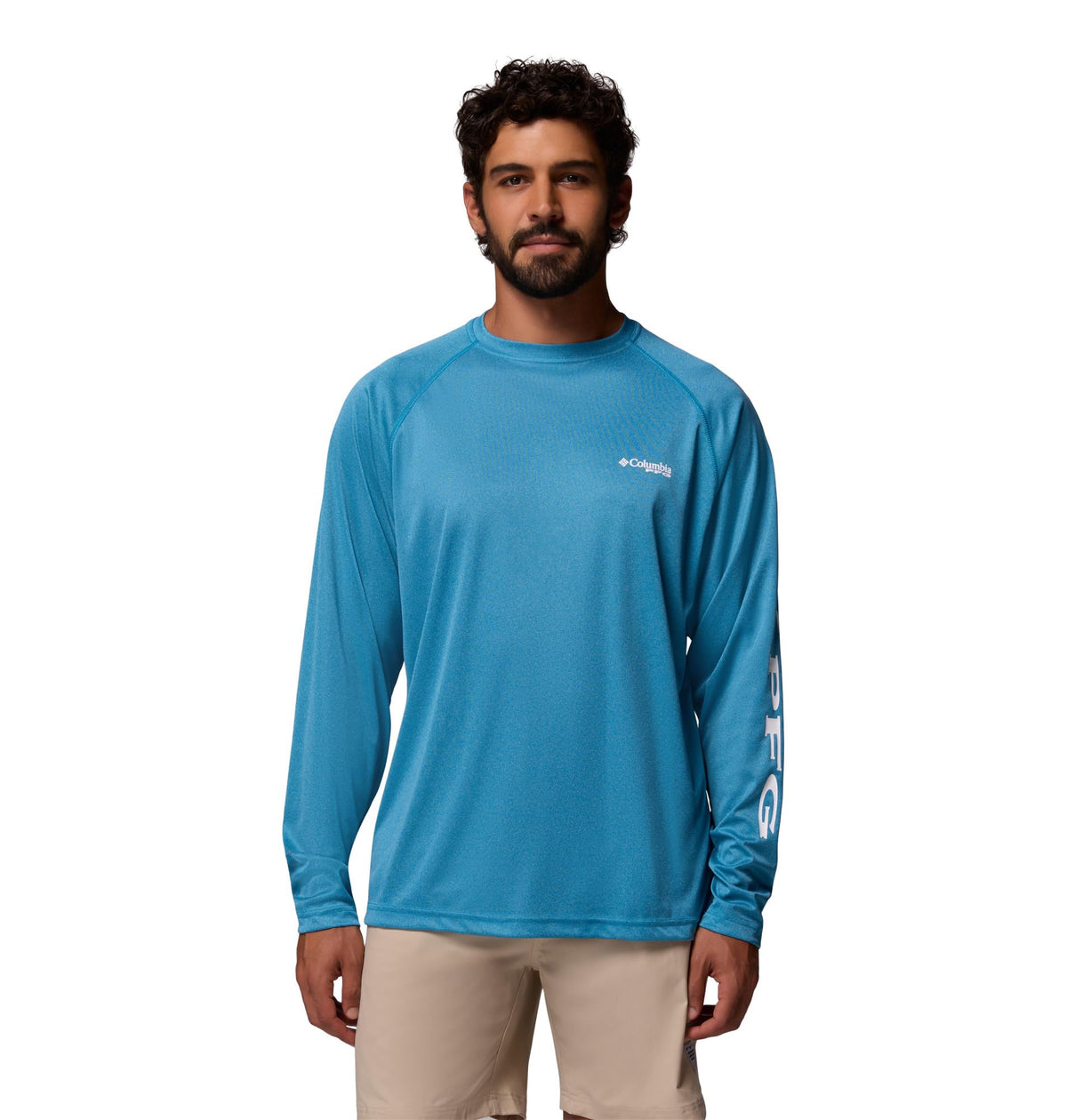 Columbia Men's PFG Terminal Tackle Long Sleeve Fishing Shirt, Blue Echo Heather/White Logo, 3X Tall
