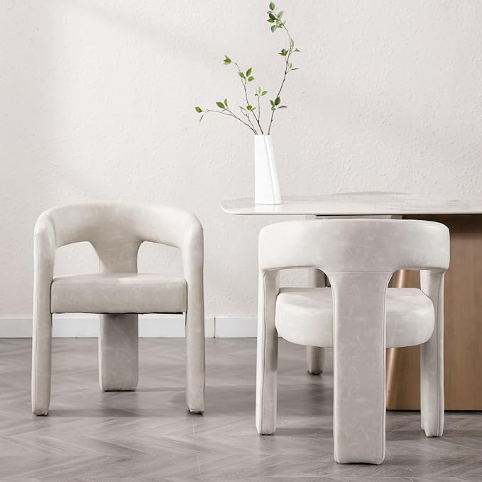 Set of 3 Modern PU Leather Upholstered Dining Chairs with Open-Back, Cute Barrel Side Chairs Kitchen Armchair Accent Chairs for Dining Room Bedroom, Grey