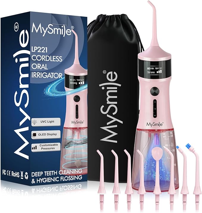 MySmile LP221 Cordless Water Flossers for Teeth with UVC Light Sanitizer and OLED Display, 335ML 4 Modes Water Teeth Cleaner Picks for Teeth Cleaning and Water Flossing (Juicy Pink)