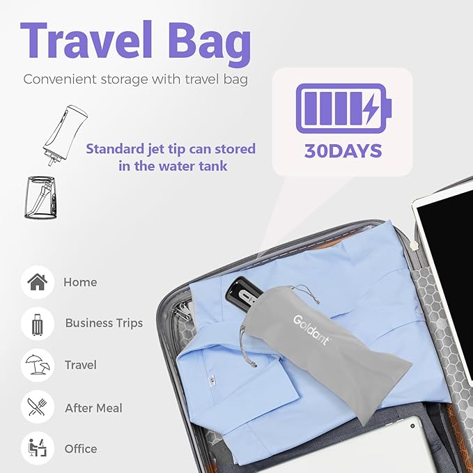 GOLDANT 350ML Water Dental Flosser Teeth Pick with Travel Bag, 5 Modes Portable Cordless Oral Irrigator Cleaner, Electric Rechargeable IPX7 Waterproof for Home Travel Teeth Cleaning flossing(Black)