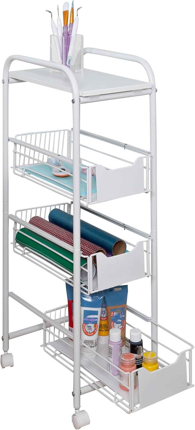 Honey-Can-Do 4-Tier Slim Rolling Metal Utility Cart with Drawers, White