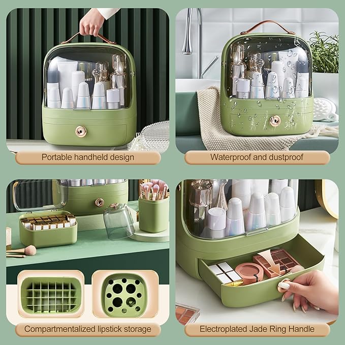 Ergocar Make Up Case Dustproof Cosmetics Skin Care Products Cosmetic Storage Box, Multi-Function Jewelry Organizer Case - White + Brush Holder