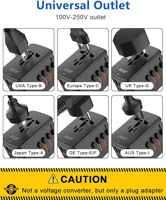 Acer 70W GaN Universal Travel Plug Adapter - International Power Adapter with 3 USB C & 1 USB A, Worldwide Power Outlet Travel Essentials for USA to European UK AUS Ireland, Type C/G/I/A, Black