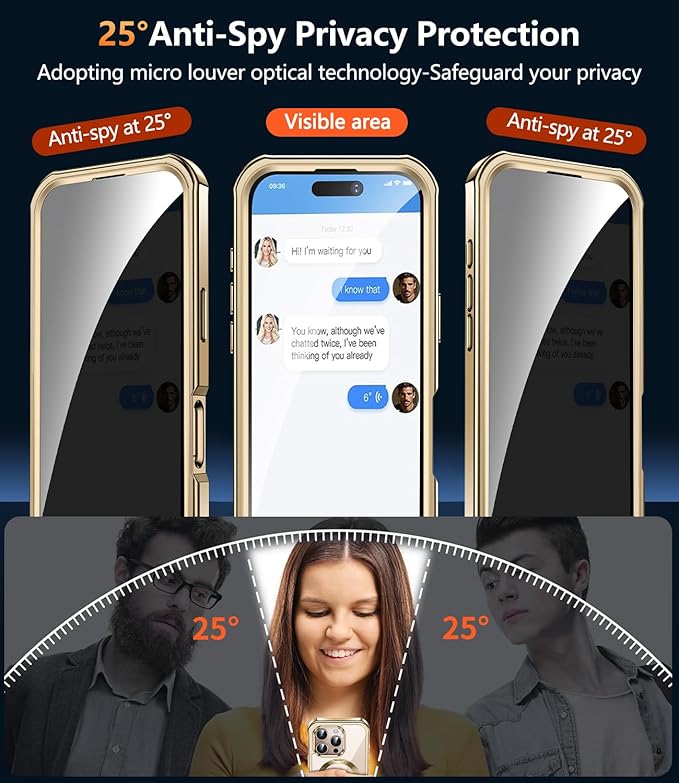 [360° Rotatable CD Stand & Built-in Privacy Screen Magnetic Case for iPhone 16 Pro [Compatible with MagSafe & Full Signal] Mil-Grade Shockproof Full Body Anti-Spy Cover for 16 Pro-Gold